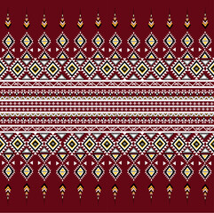 Traditional tribal textile pattern with geometric shapes in red, white, black, and yellow tones. Inspired by ethnic and indigenous designs from Southeast Asia.
