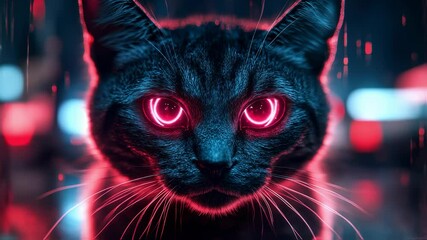 Cyberpunk Cat with Red Eyes in Neon Glow, a futuristic feline portrait - Powered by Adobe