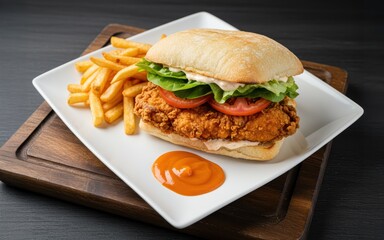 Juicy fried chicken sandwich, crisp ciabatta, fresh lettuce, tomato, and tasty fries. A delicious meal!