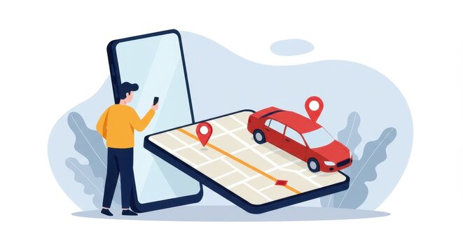 Man using ride-sharing app on smartphone with car and map illustration