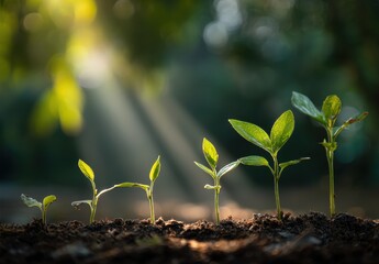 Five seedlings in various growth stages emerge from dark soil, backlit by bright sunlight filtering through lush greenery