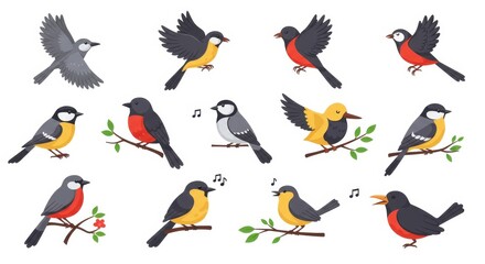 Fototapeta premium Set of various songbirds in cartoon style