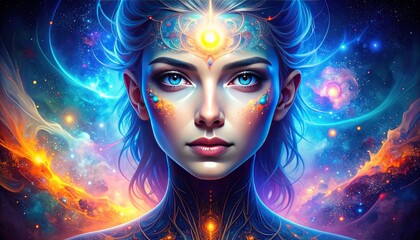 Ethereal being surrounded by galaxies and glowing energy emanates calmness