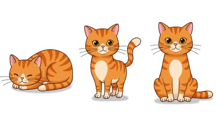 Obraz premium Three orange striped cartoon cats in different poses on white background