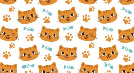 Seamless pattern of orange tabby cat heads, fishbones and paw prints