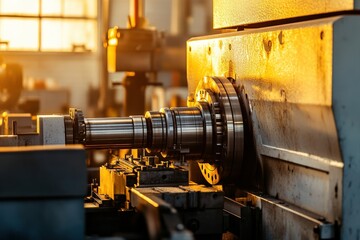 Close up of industrial machine component highlighted by warm sunset lighting
