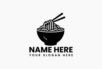 Stylized black and white ramen bowl vector logo with chopsticks and toppings. Japanese cuisine concept  