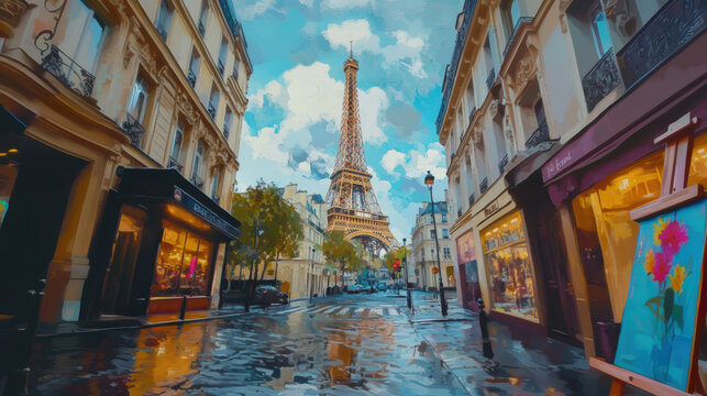 paris street scene eiffel background rain