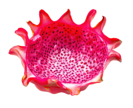 A vibrant pink dragon fruit's hollowed interior reveals numerous tiny black seeds against a translucent, fleshy backdrop; its textured rind forms a striking, starburst-like shape