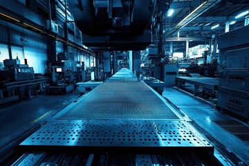 Industrial manufacturing facility with machinery and overhead lighting