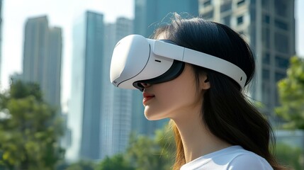 Woman Wearing White VR Headset in Modern Cityscape