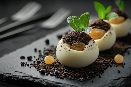 Culinary innovation - molecular gastronomy, deconstructed dessert, food art, flavor transformation, culinary science, creative presentation, gastronomic experiment, sweet evolution, culinary mastery.