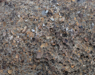 Rough, natural stone texture with earthy tones, perfect for rustic backgrounds and architectural design elements.
