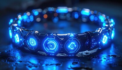 Glowing cybernetic ring with geometric, illuminated symbols