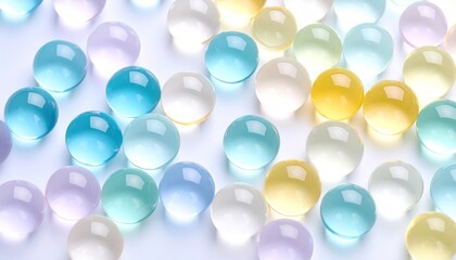 Floating translucent jelly blobs with soft motion and pastel gradients on light airy background