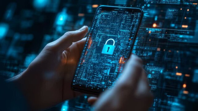 Mobile security concept with a padlock and digital data protection interface - Powered by Adobe