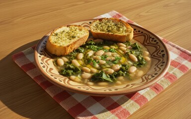 Hearty Tuscan White Bean and Kale Soup, a comforting bowl of warmth, served with crusty garlic bread. Delicious and simple.
