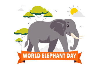 Happy World Elephant Day Vector Illustration on August 12, featuring Elephants for Conservation and Salvation Efforts in a Flat Style Background