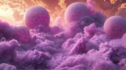 Light Coded Into a Marble Sky Filled With Digital Planets Violet Smoke and Swirling Fractal Storm In a Universe Powered By Data and Imagination