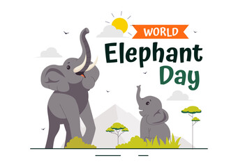 Naklejka premium Happy World Elephant Day Vector Illustration on August 12, featuring Elephants for Conservation and Salvation Efforts in a Flat Style Background