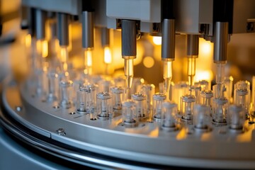 Close up view of laboratory equipment with glass vials and pipettes under soft lighting