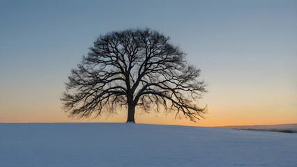 photograph of a single leafless tree standing on a gentle snow-covered hill