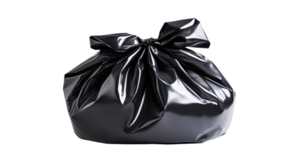 A full, shiny black plastic garbage bag, tightly tied at the top, sits against a black background
