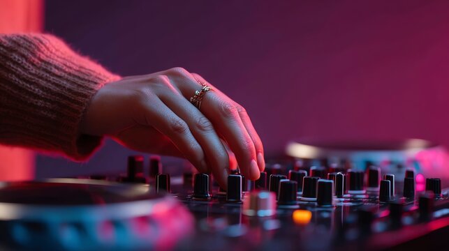 A woman&rsquo;s hand adjusting audio equipment, controlling sound, mixer, and volume in a professional music or studio setup, perfect for media projects.