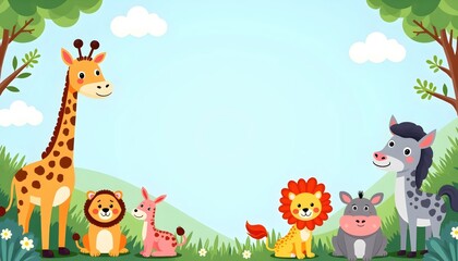 children's illustration with smiling cartoon animals such as giraffe, lion, elephant and zebra around the border frame