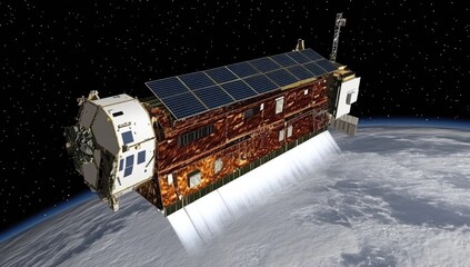 Spacecraft orbiting Earth, featuring solar panels and a long body.  Detailed view of satellite components including panels and protective coverings