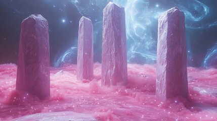 Marble Textured Monoliths Rise From a Pink Gas Desert Beneath Swirling Coded Stars and Glowing Blue Swirl