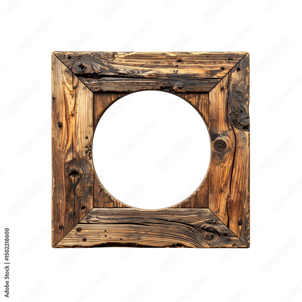 Poster rustic square wooden frame with circular hole design on transparent background