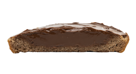 A halved chocolate-glazed donut reveals a rich, dark chocolate filling nestled within a soft, brown cake base