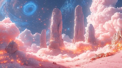 Marble Textured Monoliths Rise From a Pink Gas Desert Beneath Swirling Coded Stars and Glowing Blue Swirl