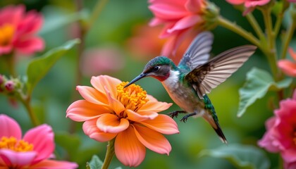 Fototapeta premium a hummingbird hovering close to vibrant pink flowers in full bloom