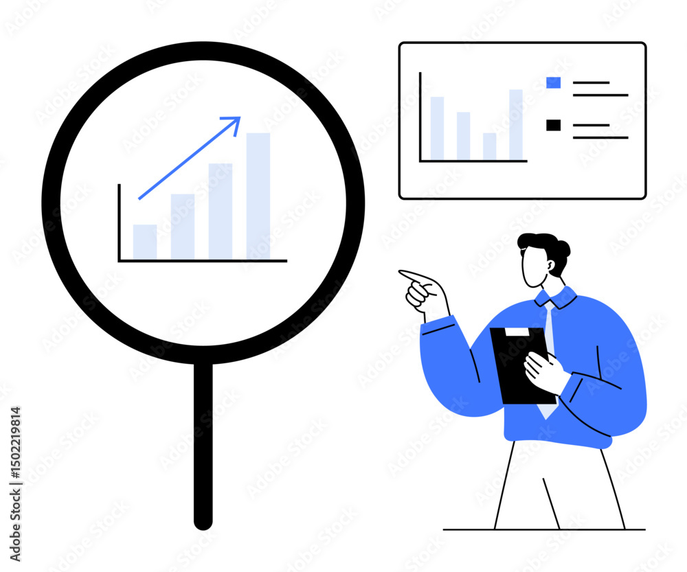 Poster man pointing at upward graph under magnifying glass illustrates data analysis and growth tracking. i