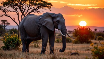 a majestic african elephant standing in a grassy field during what appears to be sunset or sunrise, given the soft glow of light i