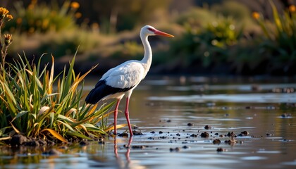 Naklejka premium in the serene setting of this image, a single white bird with striking red legs is perched confidently on a rock in a pond