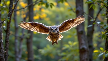 Obraz premium an owl soaring through a forested area, with trees and foliage in the background, creating a natural, woodland setting
