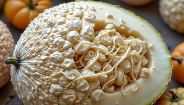 an inventive and unusual fruit carving that resembles a pineapple, but upon closer inspection, is actually a halved pumpkin with s