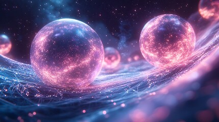 Motion of Cosmic Smoke Through Binary Spheres and Futuristic Swirl Creates a Cyberspace Nebula Glowing In Pink and Violet Tones