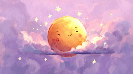 A friendly, drowsy sun with a smiling face, waving goodbye as it sinks below a pastel horizon.