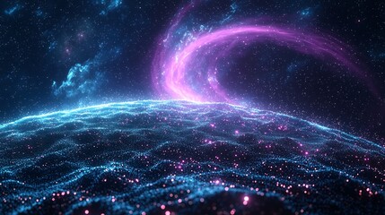 Network Light Encoded In Cloud Dust Forming a Violet Swirl Above a Cyberspace Planet Textured With Bloom