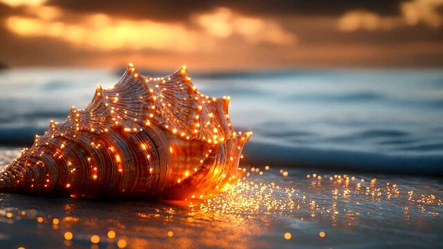 Illuminated seashell on a beach at sunset