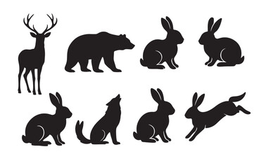 Vector silhouette of collection of rabbit on white background. Symbol of forest animal and hare