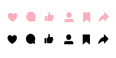 Social Media Icon Set – Heart, Chat, Like, Profile, Bookmark, Share – Vector Design