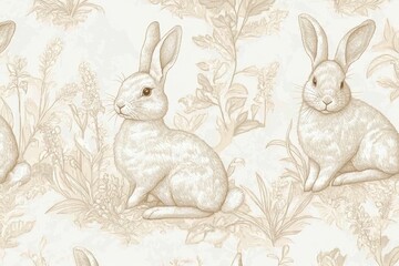 Delicate cream-colored rabbits amidst gentle floral and foliage patterns.  Soft, vintage-inspired illustration creates a tranquil, seamless design
