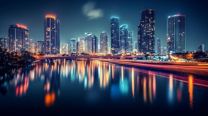 Fototapeta premium Vibrant cityscape at night reflected in the water.