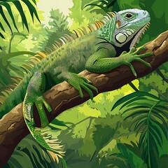 Vibrant illustration of a green iguana resting on a branch in a lush jungle.