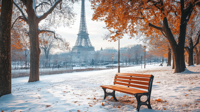 paris winter scene eiffel bench snow